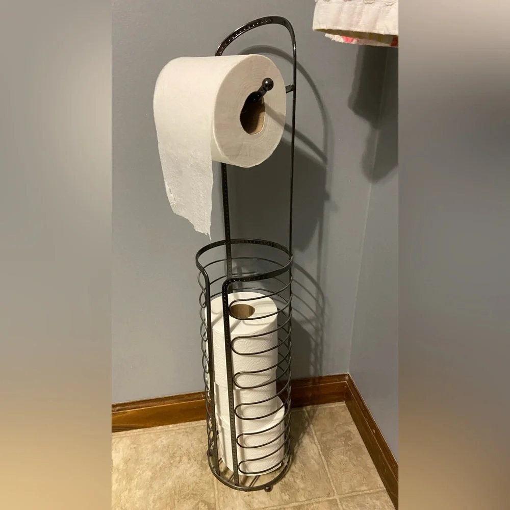 Black Metal Toilet Paper Tower- 28” Tall, Holds 4 Full TP Rolls, +One Hanging-up